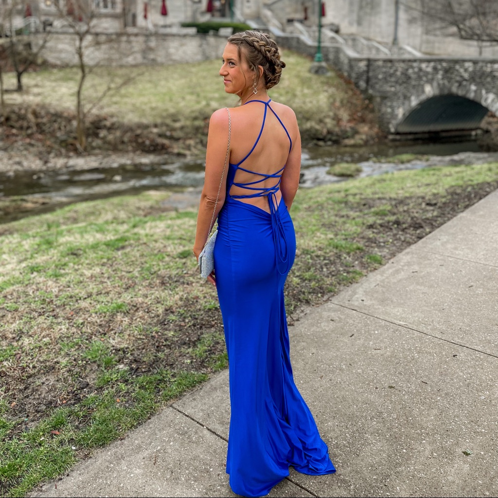 La Femme Strappy Back Trumpet Gown Royal Blue Size 8